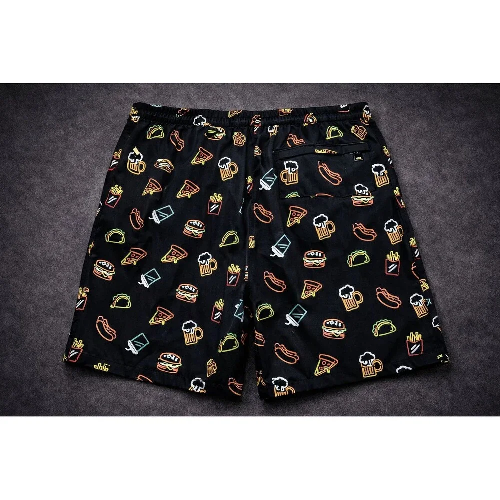 Food Print Swim Trunks Mens M NWT Beer Pizza Burger Fries Novelty Shorts